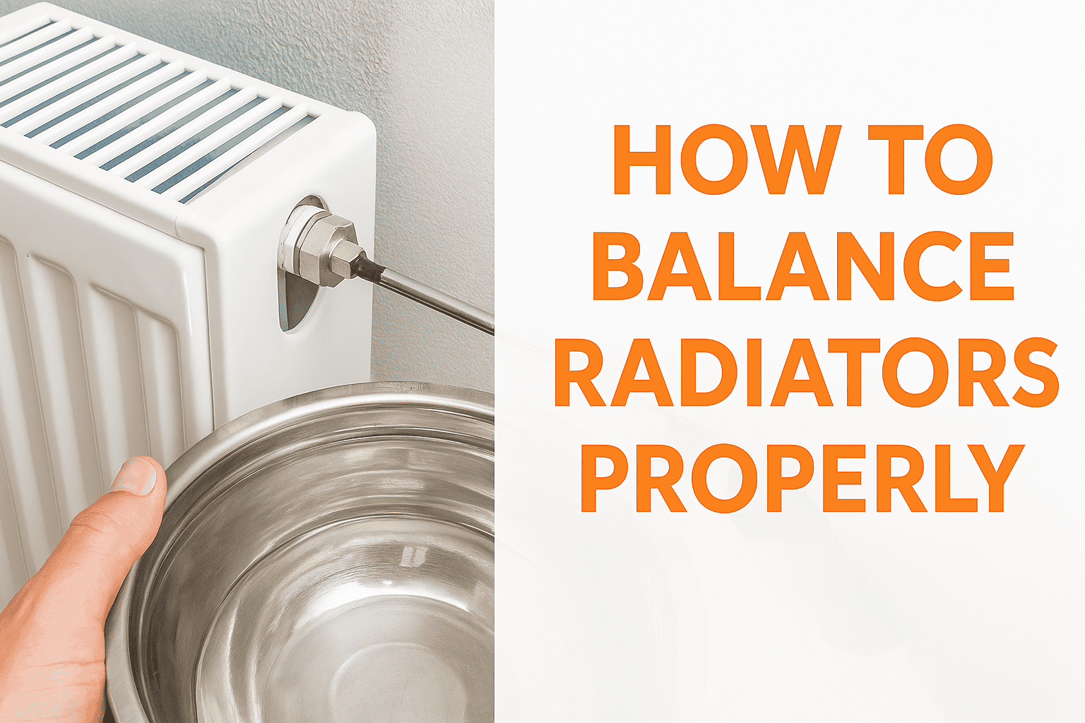 Person adjusting a radiator lockshield valve with a screwdriver while holding a bowl, showing the process of balancing radiators in a UK home.